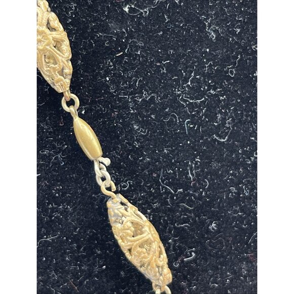 Vintage Glass Bead Filigree 24”Necklace Push Clasp Yellow Green Gold Tone - Picture 3 of 5